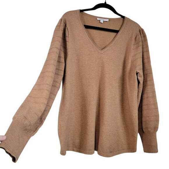Chico's Women's Cashmere Blend Puffed Tiered Sleeve Detail Camel Sweater Size XL - Picture 2 of 13